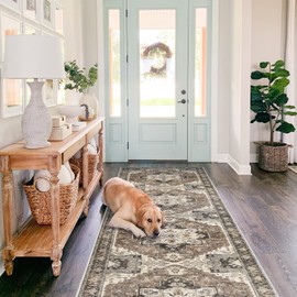 Washable Kitchen Runner Rug - 2'6''x12' Hallway Rug Distressed Mats Non-Slip Soft Room Floor Carpet for Dining Room (Beige, 2'6'' x 12')