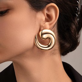 Chunky Big Spiral Statement Earrings for Women Teen Girls, 14K Gold Large Swirl Drop Dangle Earrings Exaggerated Geometric Ear Jewelry Accessories (Gold)