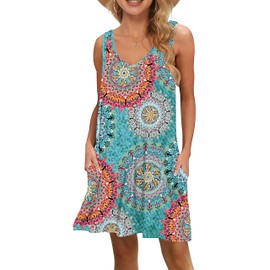 MISFAY Women's Summer Casual T Shirt Dresses Beach Cover up Tank Dress(Print Green,XS)