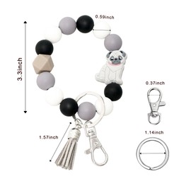 LMWKUN Dog Keychain Bracelaet Wristlet,Grey Silicone Beaded Key Ring for Women,Stretchy Car Key Chain Bangle with Tassel