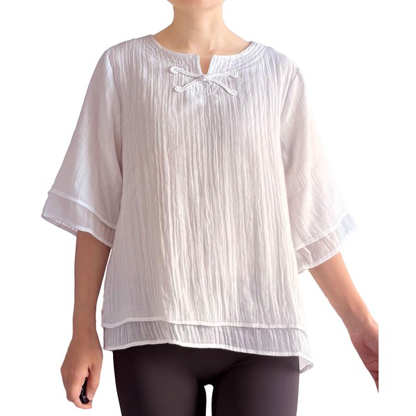 Minibee Women's Cotton Linen Shirts Summer 3/4 Length Sleeve Tops