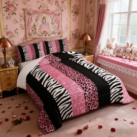 Homewish Leopard Kids Comforter Set Full Size,Glitter Cheetah Zebra Animals Skin Bedding Set,Girls Women Room Decor,Geometric Stripes Patchwork Down Comforter,Pink Romantic Duvet Insert,2 Pillowcases