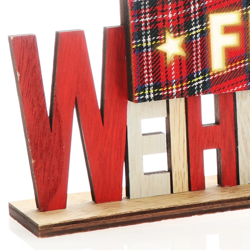 com-four® LED decorative stand made of wood, illuminated lettering on