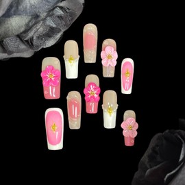 Handmade Press On Nails Medium/Long Square Pink 3D Sakura Design - Reusable French Acrylic Fake Nails with Gold Stars & Pearls, Luxury Cherry Blossom False Nails (Pink Sakura, L)