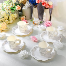 Nuenen 36 Set Color Your Own Tea Party Cups Disposable Floral Tea Cups and Plates Paper Saucer with Handles DIY Coloring Activity Crafts for Tea Party Kids Birthday Party