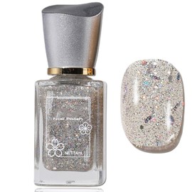 Clear Glitter Nail Polish, Air Fast Dry Chunky Glitter Nail Polish, Silver Shimmer Gel Nail Polish, Sparkle Clear Nail Polish with Glitter for Women Girls, Silver Glitter Top Coat Gel Polish, 14ML
