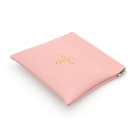 Squeeze Top Rosary Pouch Peach Pink Faux Leather with Cross Imprint