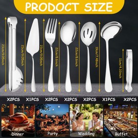 12 Pcs Silver Serving Utensils Set - Stainless Steel Large Serving Spoons, Slotted Spoons, Forks, Tongs, Soup Ladle & Pie Server - Metal Buffet Utensils for Parties, Catering, Wedding, Dishwasher Safe