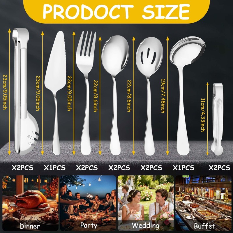12 Pcs Silver Serving Utensils Set - Stainless Steel Large