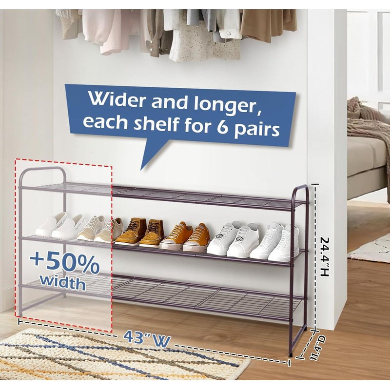 KEETDY Long 3 Tier Shoe Rack for Closet Wide Shoe