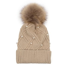 surell Women's Knit Beanie with Faux Fur Pom and Faux Pearls - Womens Winter Beanie with Pom Pom - Taupe