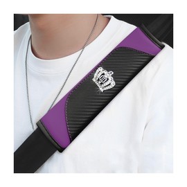 Gasedin 2 PCS Car Seat Belt Cover, Carbon Fiber Leather Seat Belt Pads with Bling Rhinestone Crown, Seatbelt Protector for Your Neck & Shoulder, Universal Interior Car Accessories (Black+Purple)