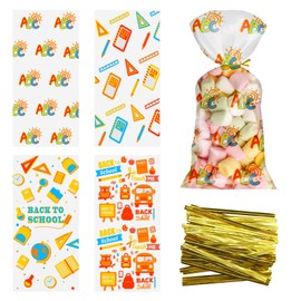 100Pcs Back to School Goodie Bags Candy Treat Bags Clear Bulk with Gold Twist Tie Back to School Party Favor Decorations for Cookie Candy Packing Supplies