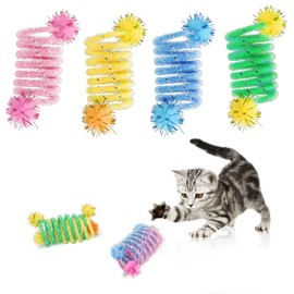 LuckyOpt Cat Spring Toy, 4Pcs Spring Cat Toy Set with Plush Balls Colorful Interactive Kitten Toys to Kill Time and Keep Fit, Cat Toys for Indoor Cats Kitten for Chasing, Jumping, Biting (4PC)