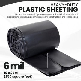 Plastic Sheeting (10' x 25') Long, 6 Mil (Black) - UV Protection Poly Sheeting Polyethylene Film, Heavy Duty Greenhouse Plastic Sheeting