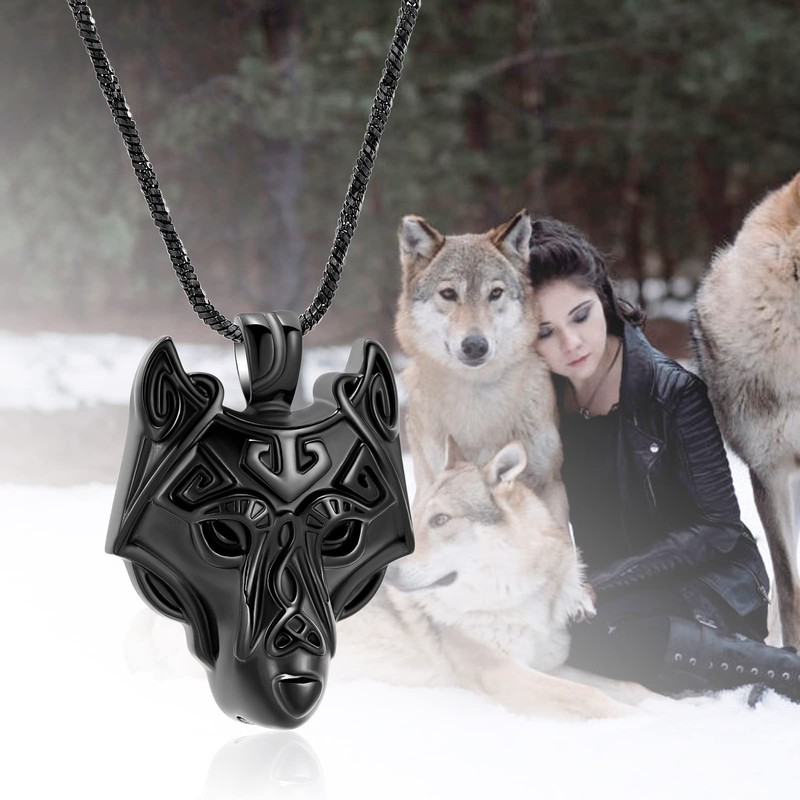 Yinplsmemory Cremation Jewelry Viking Wolf Head Urn Necklace for Ashes