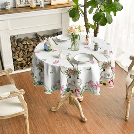 Horaldaily Easter Tablecloth 60×60 Inch Round, Spring Flower Bunny Washable Table Cover for Party Picnic Dinner Decor