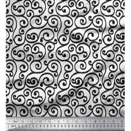 Soimoi White Silk Fabric Swirl Ikat Printed Fabric 1 metre 42 Inch Wide