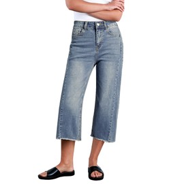 Sidefeel Women's High Waisted Jeans Stretchy Wide Leg Raw Hem Capri Pants Size 18 Vintage Blue