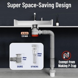 Bathroom Sink Drain Kit with Flexible Expandable Pipe: Odor-Free & Backflow-Preventing, Space-Saving Design without a P-trap, For 1-1/4'' & 1-1/2'' Drain Hole (Chrome, With Overflow)