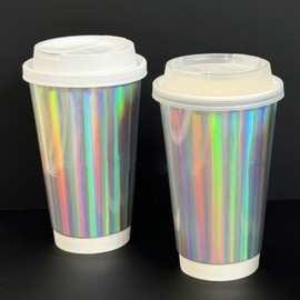 Iridescent Coffee Cups with Lids 16 oz [20 pack] Disposable Double Insulated Paper Cup Hot Cold Drinks Tea Milk Chocolate Large Travel No Leaks To Go Coffee Cups Holographic Party Home Cafes Business