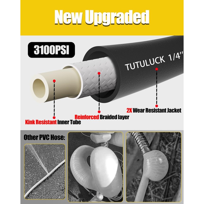 TUTULUCK Super Flexible Pressure Washer Hose 50 FT, Black 1/4''