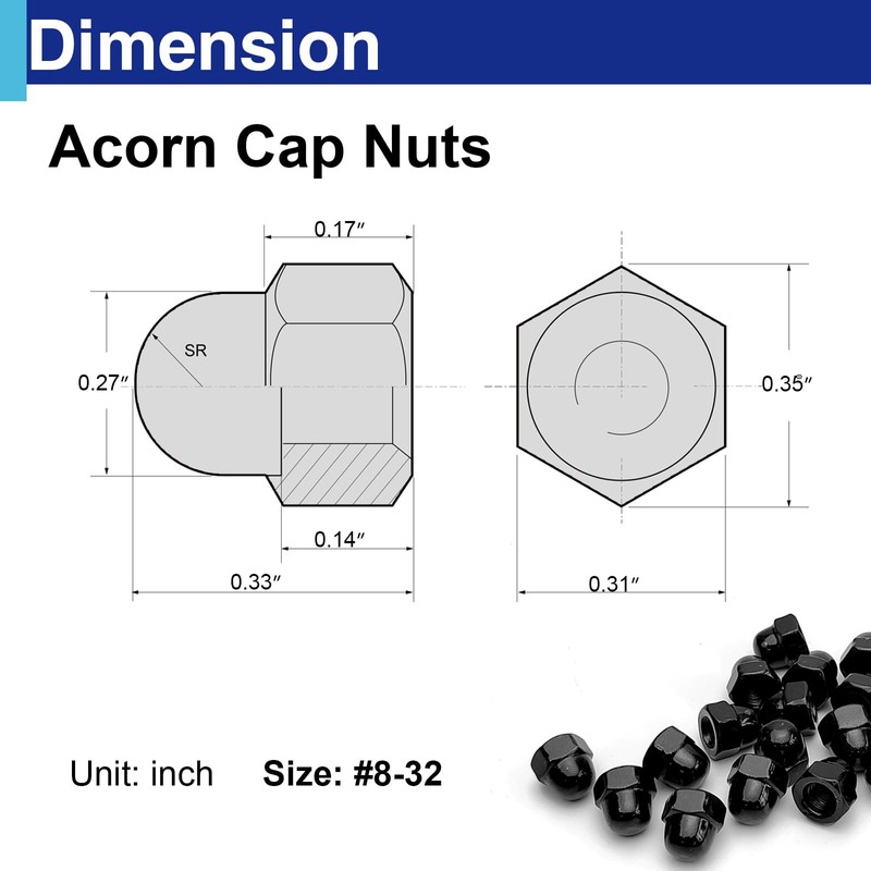 50Pcs #8-32 Acorn Cap Nuts, Zinc Plating-Black Hex Head Acorn
