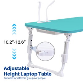 Laptop Desk for Bed, Height Adjustable Laptop Bed Table, Foldable Portable Lap Desk Stand with USB/Storage Drawer/Cup Holder/Slot, Breakfast Tray for Working Reading Writing Eating, Blue