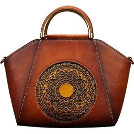 Genuine Leather Handbags for Women, Organizer Top Handle Medium Satchel Vintage Embossing Totem Shoulder Bag