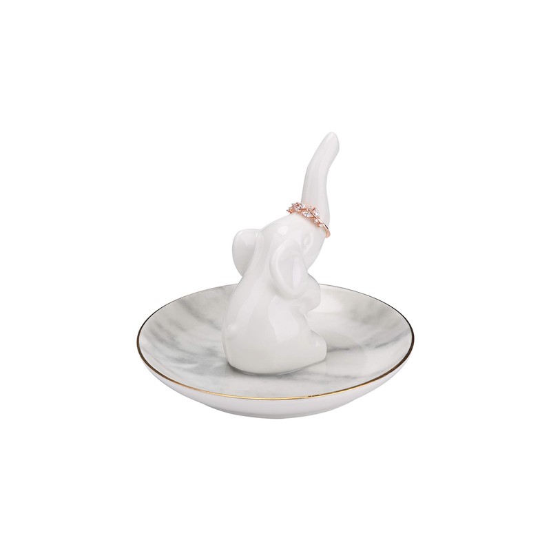 HOME SMILE White Elephant Ring Holder with Marble Pattern Dish
