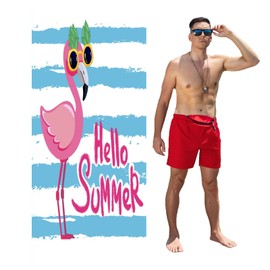 Microfibre Beach Towel, Compact Travel Towels, Absorbent Swimming Towels & Quick Dry Towel, Blue and White Stripes and Flamingo Print Beach Towels for Adults & Child(80cm X 180 Cm)