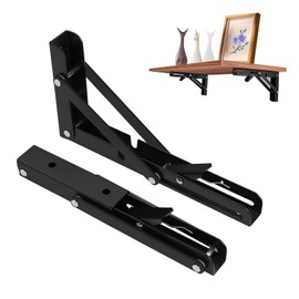 Zydiwo Folding Shelf Brackets Black Heavy Duty Metal Wall Mounted Shelf Bracket with Screws and Anchors Collapsible Shelf Bracket for Table, Stainless Wall Mounted Space Saving DIY Bracket (8 inch)