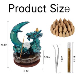 5 Sets Blue Incense Holder,Ceramic Moon Incense Burner with 10 Backflow Incense Cones,30 Sticks of Incense,Incense Tong,Base Cushion,Aromatherapy Ornament Home Decor (Dragon)