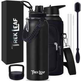 Trek Leaf Travel Water Bottle with Carrying Bag, 3 Lids (Spout, Straw, Handle), and Bottle Brush; Leak Proof, Quality, Vacuum Insulated, Stainless Steel (Black, 40 oz)