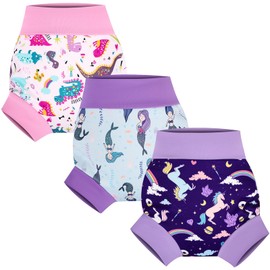 FLYISH DIRECT Reusable Swim Nappies, Baby Swimming Nappies for Boys and Girls, 3 Packs Reusable Swim Nappy 2-3 Years, Happy Rainbow