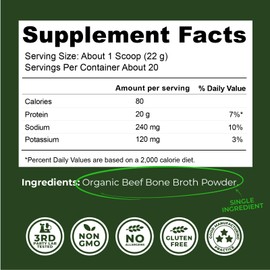 16oz Organic Bone Broth Protein Powder from Grass Fed Beef - USDA Certified Organic, Single Ingredient, Rich in Collagen, Glucosamine, No Additives, Perfect for Carnivore, Paleo, and Keto Diets