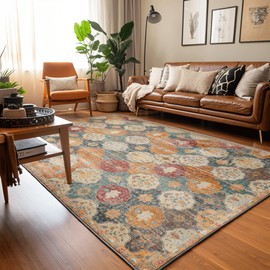 Boho Floral Area Rug, Soft Machine Washable 6x9 Rug, Non-Slip, Non-Shedding, Durable and Easy-Care, Perfect for Living Room, Bedroom, Dining Room. (Moroccan Orange/Blue, 9' x 6' (Rectangular))