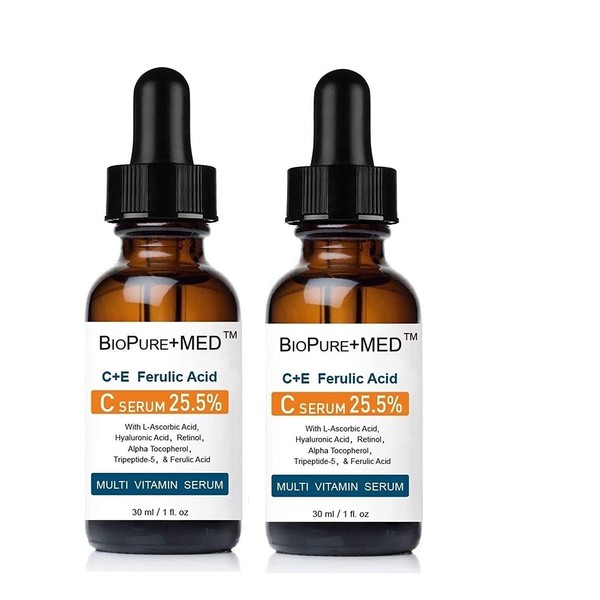 BioPureMED 25% Vitamin CE+Ferulic Acid Serum for Face: Anti Wrinkle Serum with Tripeptide-5, Retinol, Hyaluronic Acid tns Best Korean Organic Vitamin C Serum/Face Moisturizer (2 Pack)