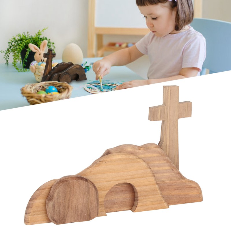 Easter Scene Decoration Handcrafted Wooden Empty Tomb Cross Decoration for