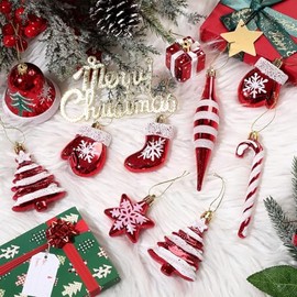 Leitee - Juego de 24 adornos de Navidad, decoraciones para árbol de Navidad, plástico, bastón de caramelo, campana, cascabel de regalo, cajas de
