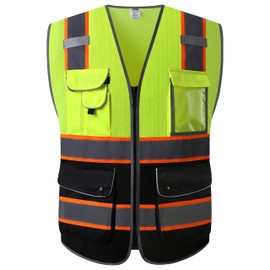 JKSafety 9 Pockets Class 2 High Visibility Dual Color Zipper Front MESH Lite Safety Vest | Orange Color Triming Reflective Strip | ANSI/ISEA Standards (100-Yellow-Black, L)