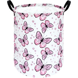 VAIVUSTO Pink Butterfly Laundry Basket,Waterproof Collapsible Canvas Large Clothes Basket,Laundry Hamper,Cute Kids Nursery Hamper for Girls Room,Toy Storage (Pink Butterfly)