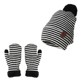Cretvestsar Set of 2 Winter Children's Striped Hats Gloves Set Warm Bobble Hat Beanie Hat Gloves Fluffy Crochet Thermal Gloves for Children Boys Girls Outdoor Sports, black