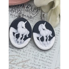 FANCY FOX BOUTIQUE Black & White Unicorn Silver Plate Earrings Cameo Birthday Gift Bridal Daughter