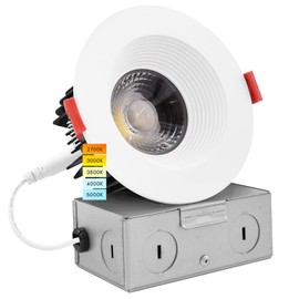 LUXRITE 4 Inch LED Recessed Lighting with Junction Box, 15W, 5 Color Selectable 2700K-5000K, 1100 Lumens, 40° Spotlight, Dimmable Downlight, Wet Rated, IC Rated - Baffle Trim