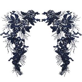 GORGECRAFT 2Pcs Blue Sequin Floral Lace Applique 40 x 23cm Glitter 3D Floral Beaded Embroidery Sew on Patch Collar Fabric for Wedding Costume Dress Sewing DIY Clothing Accessories