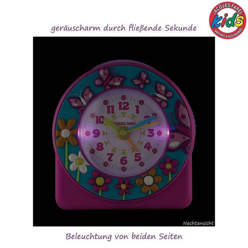 JACQUES FAREL Kinderwecker Lernwecker Mädchen 3D Schmetterlinge und Blumen Pink