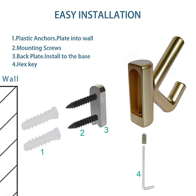 Brushed Gold Bathroom Hand Towel Wall Hooks, Coats Robes Loofah