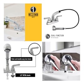 WMF 2 Handle Utility/Laundry/Shop Sink Faucet with Pull Out Sprayer in Chrome, Non-Metallic ABS Plastic, 4" Centerset for Laundry Room, Garage, Mud Room, RV