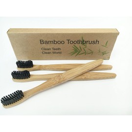 Bamboo Toothbrushes Set of 3 with Bamboo Wood Handle and Bamboo Activated Carbon Bristles 100% Recyclable Environmentally Friendly